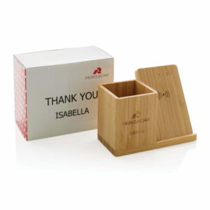 Calgary FSC® bambuko 10W belaidis įkroviklis su rašiklių laikikliu