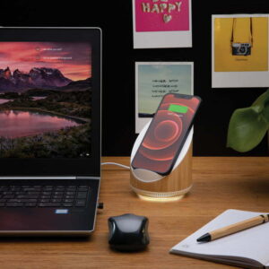 Ovate bambukinė 5W kolonėlė su 15W belaidžiu įkrovikliu