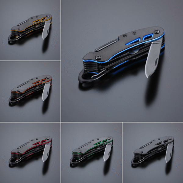 Įvairių spalvų "Optima Titanium Pocket Knife" daugiafunkciniai įrankiai: mėlynas, oranžinis, raudonas, žalias ir pilkas.
