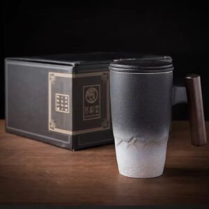 Modernus porcelianinis puodelis 300 ml su medine rankena