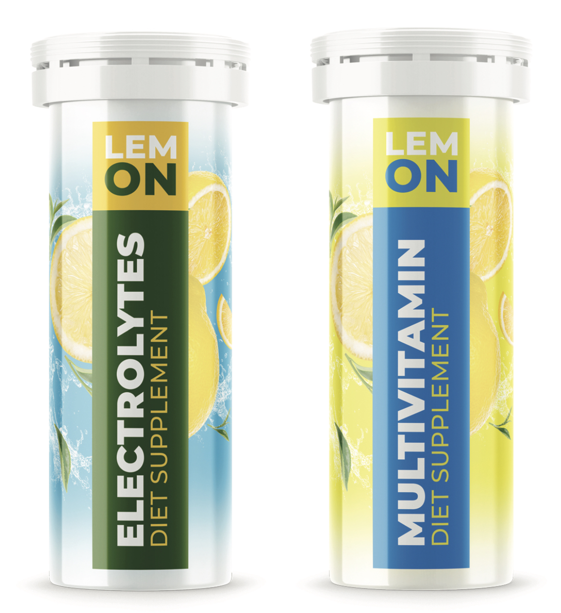 Du šnypščiančių tablečių buteliukai: vienas su elektrolitais ir citrinų skoniu, kitas su multivitaminų ir citrinų skoniu.