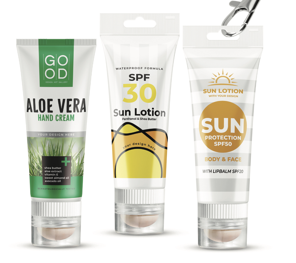 Išskirtinės dovanos verslui Lietuvoje, Trys skirtingi kosmetikos tubelės dizainai: Aloe Vera rankų kremas, SPF 30 ir SPF 50 apsaugos nuo saulės losjonai su lūpų balzamu.