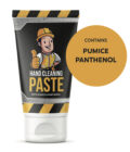 Juoda rankų valymo pasta tūbelėje su darbininko iliustracija ir užrašu "Contains Pumice Panthenol".