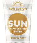 SPF50 losjonas su lūpų balzamu, su rekalmine spauda